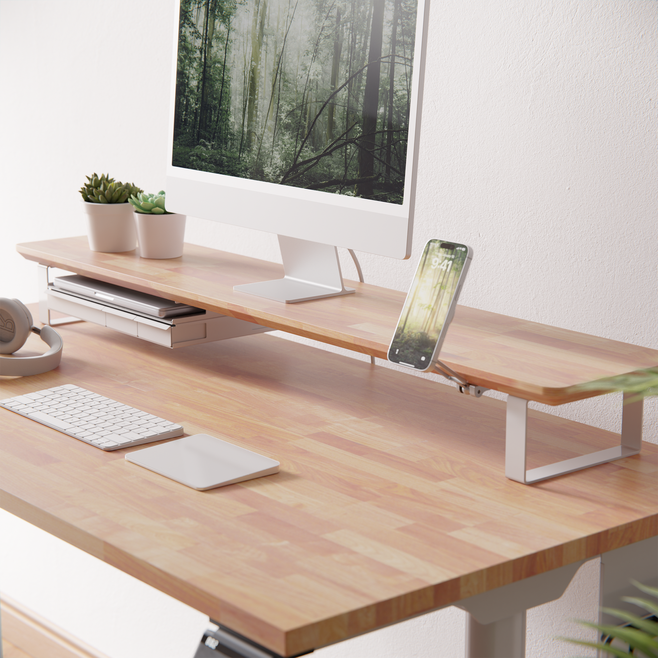 Oak desk shelf with plant and phone stand
