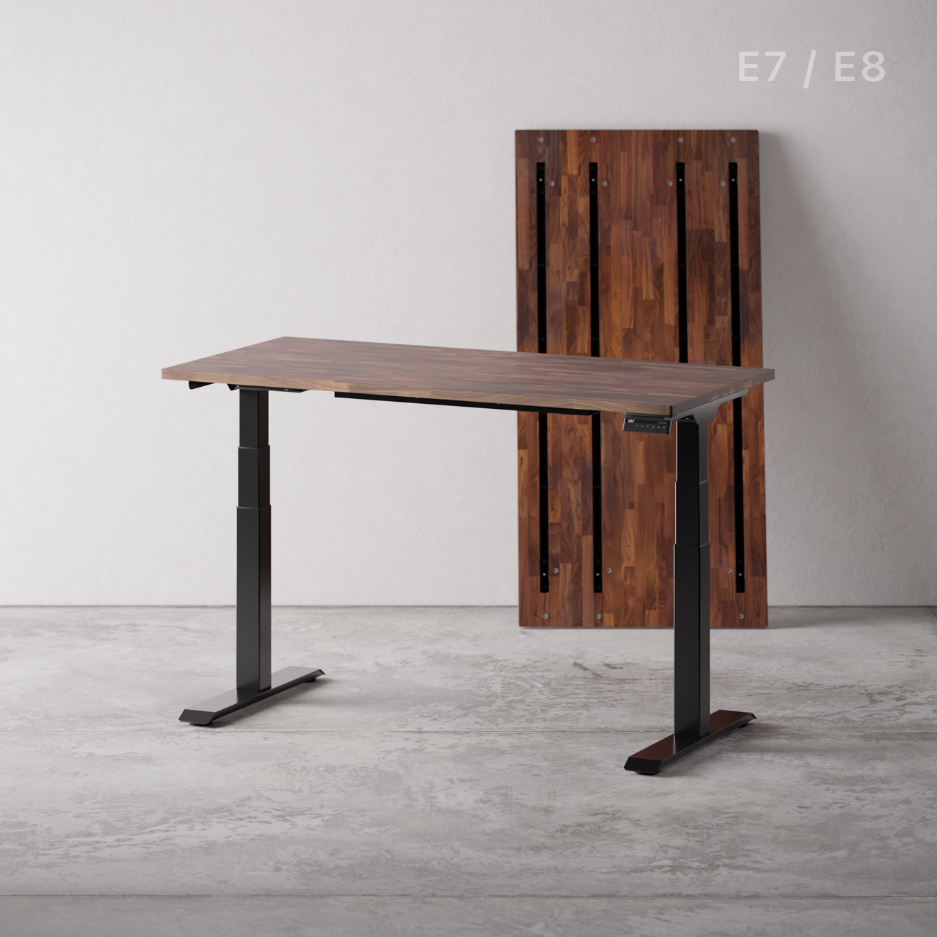 Dome standing desk with walnut top and electric height-adjustable legs
