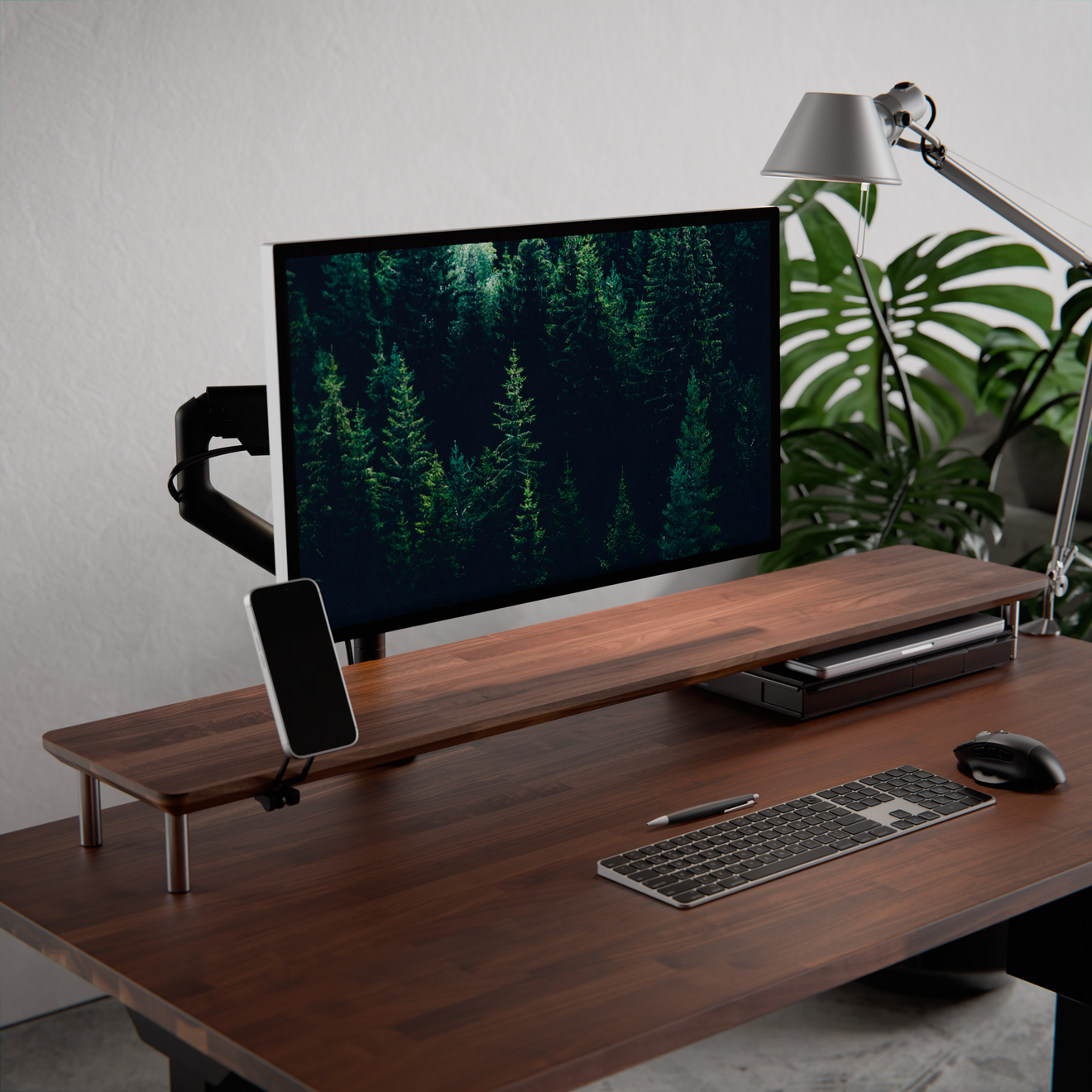 Walnut desk shelf lifestyle with lamp and plant