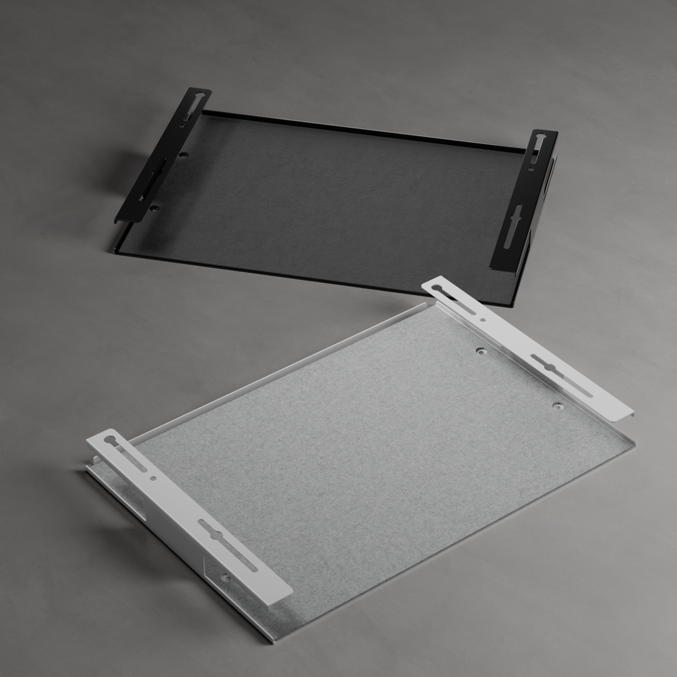 Black and white trays with mounting brackets