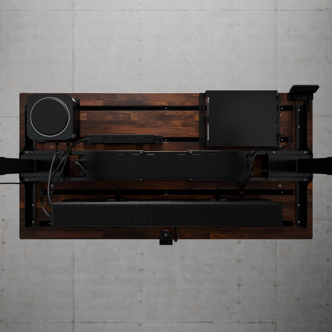 Underside of the walnut desktop with rail system and E8 legs