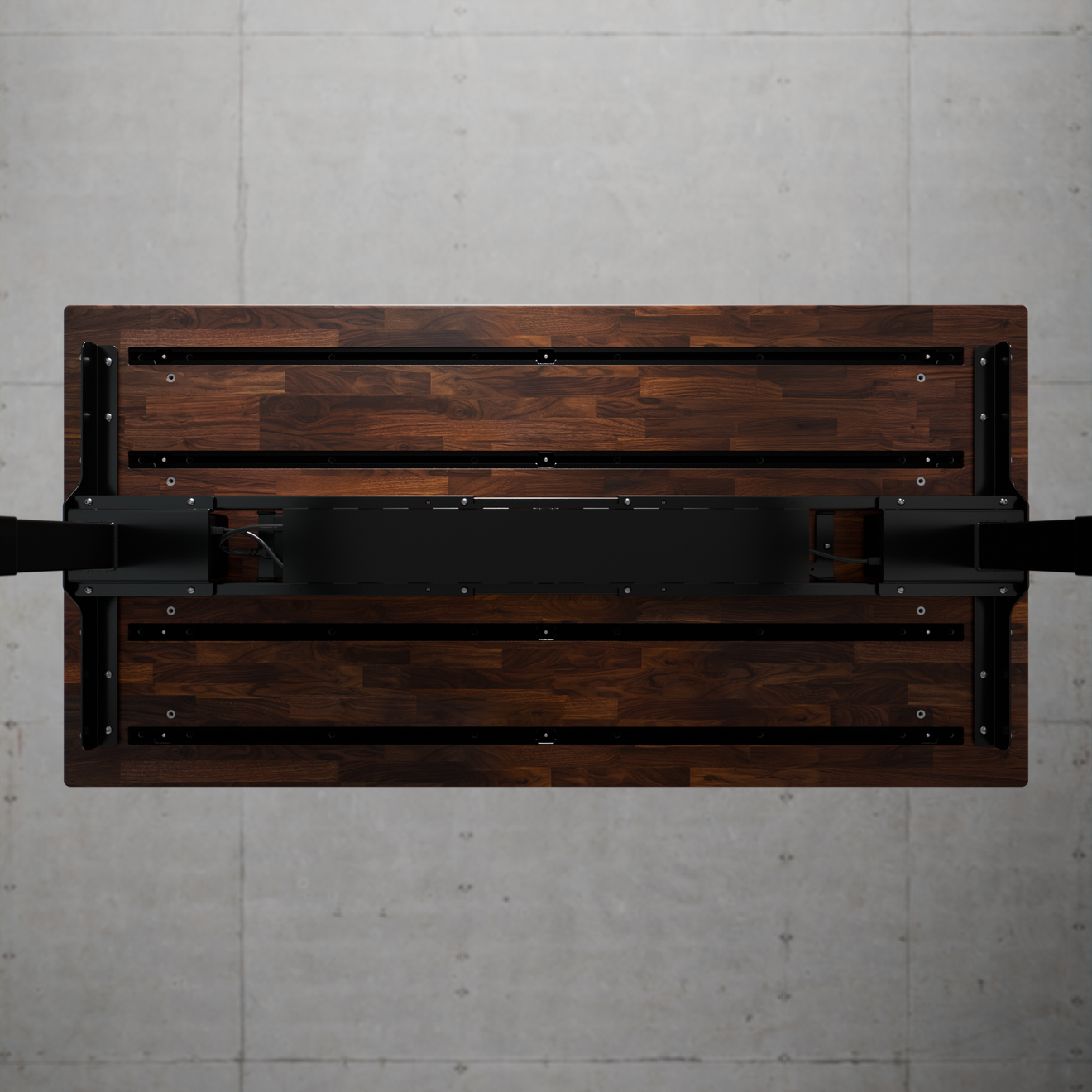 Underside rails of the walnut desktop for mounting accessories